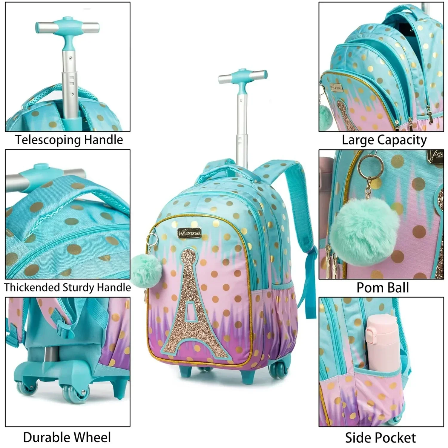 Mochila escolar infantil com rodas, bolsa escolar com rodas para adolescentes, mochila de lona para meninas, bagagem de viagem, carrinho