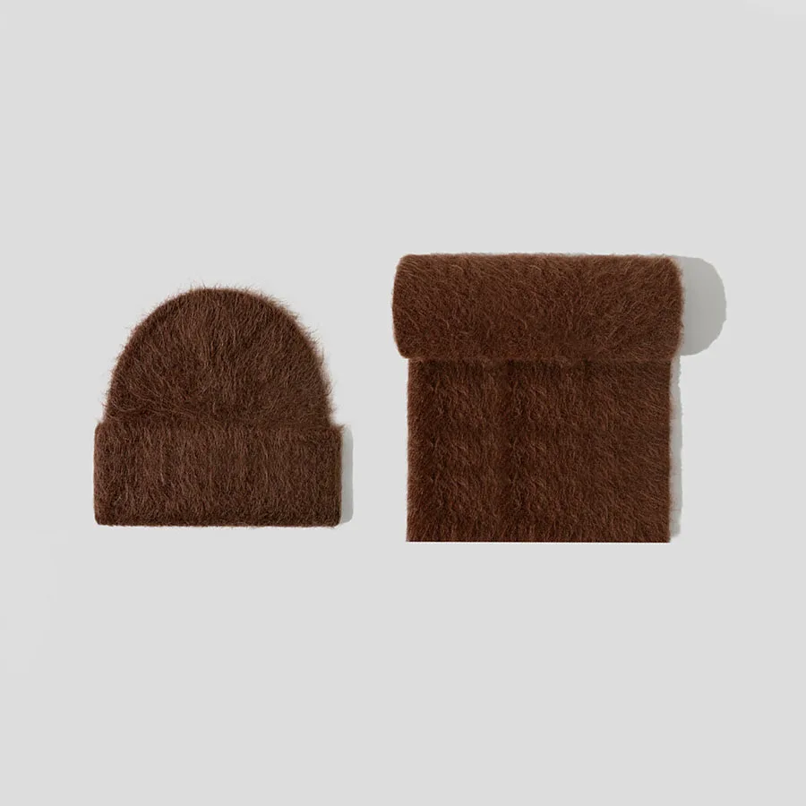 ปุย Alpaca ขนสัตว์ Beanies ผ้าพันคอชุดผู้หญิงหมวกถักอบอุ่นสองชิ้นฤดูหนาว
