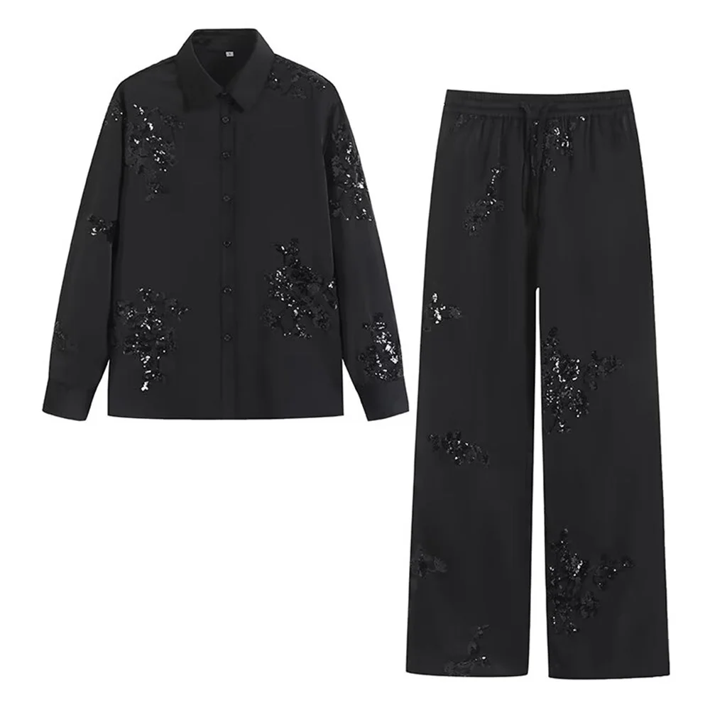 Frühling Sommer Neue Damenbekleidung Europäisches und amerikanisches Set aus besticktem Hemd und Hose mit Schwerindustrie