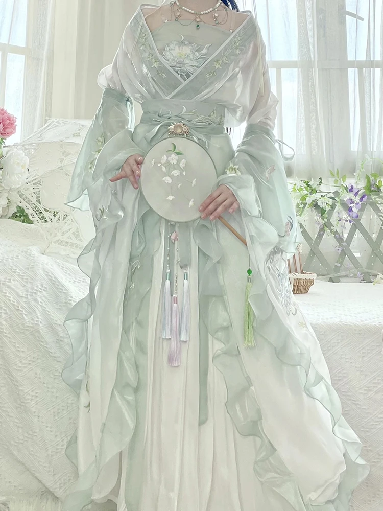 Hanfu 8 개/대 드레스 여성 고대 중국 전통 Hanfu 세트 여성 요정 코스프레 의상 복장 여름 Hanfu Ligiht Green