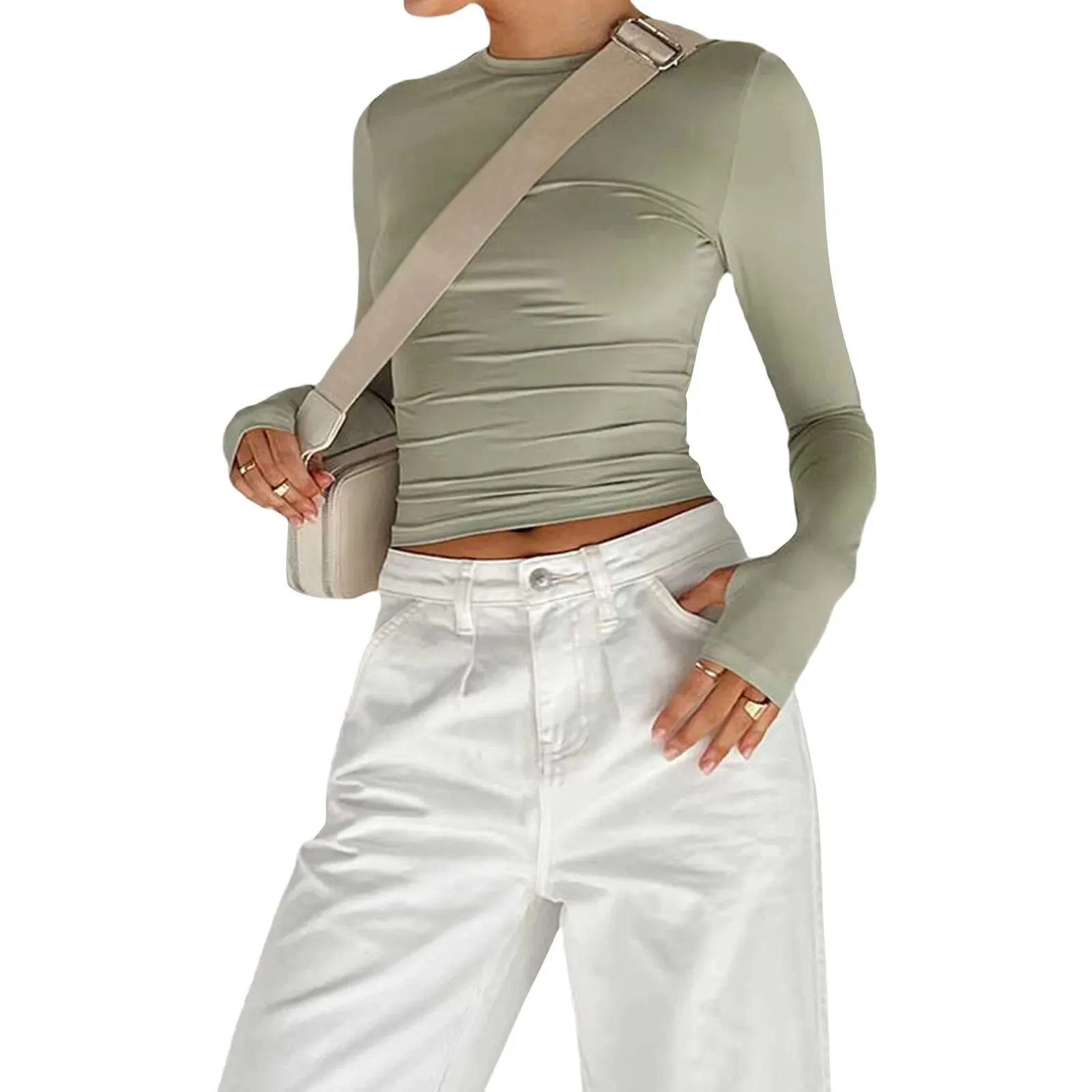 Y2K T-shirt a maniche lunghe da donna Primavera Autunno Slim Fit Pullover casual T-shirt basic femminili Top con fori per i pollici Streetwear