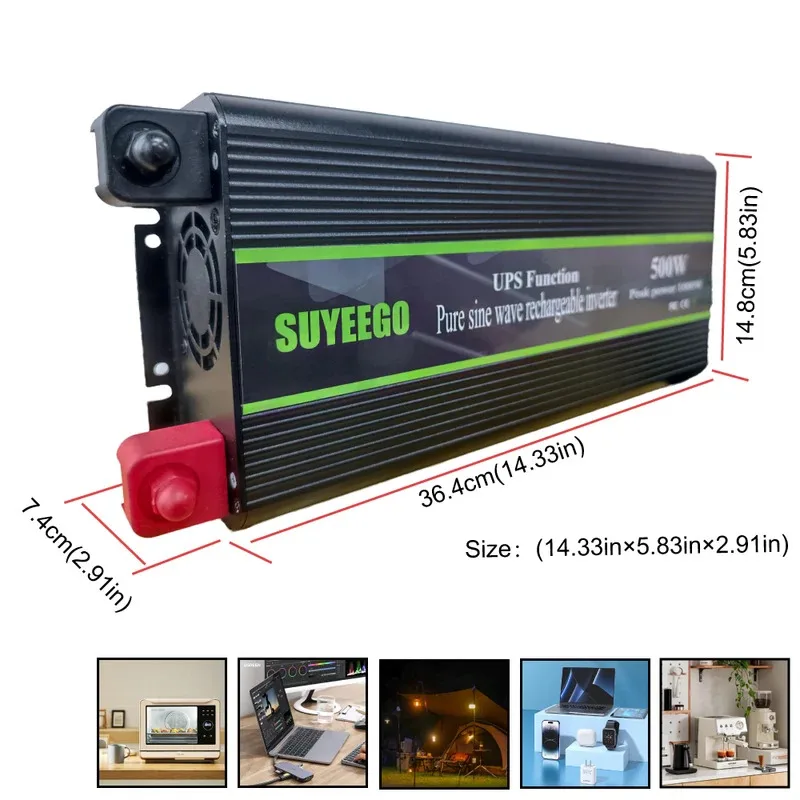Inversor de corriente de onda sinusoidal pura para coche, inversor de corriente UPS de 500W CC de 12v a CA 220v, enchufe europeo, convertidor de voltaje de carga de batería para coche