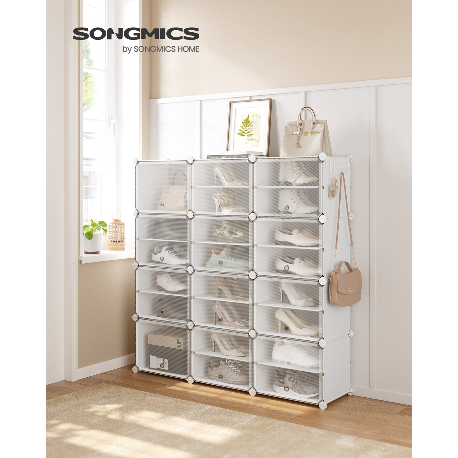 SONGMICS Mueble Zapatero Plástico, 12 Compartimentos, Zapatero Modular, Estantería Modular de Plástico, 32 x 124,4 x 124,6 cm Cada Cubo, con Puerta, Marco Acero, Panele Plástico, Blanco