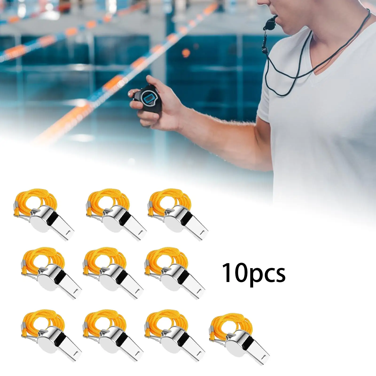 10Pack Stainless Steel Sports Whistles with Lanyard, Loud Crisp Sound Whistles Bulk Great for Coaches, Referee, and Officials