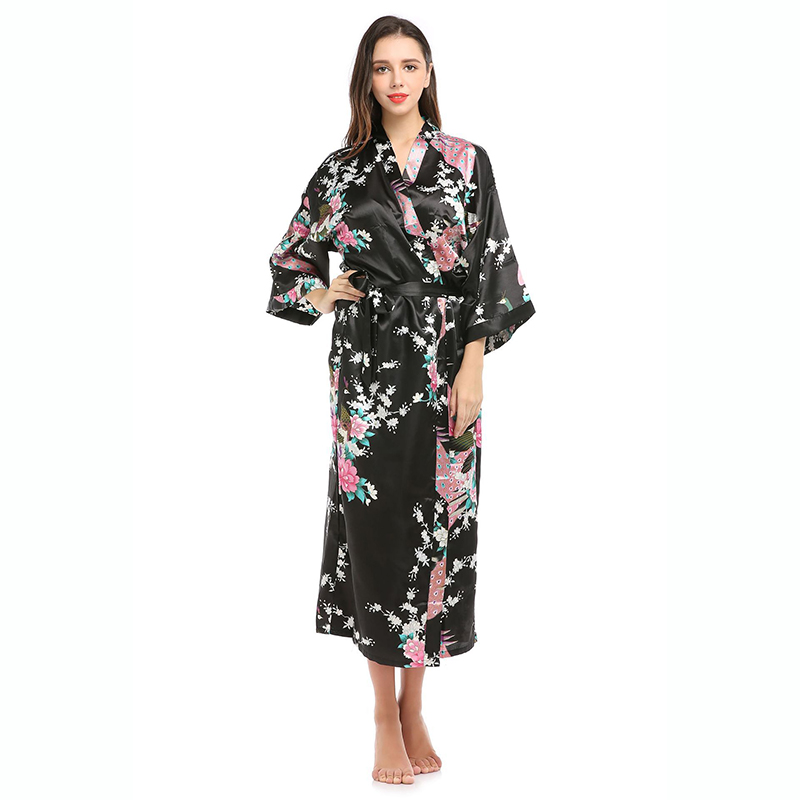 Batas tipo kimono de satén de seda para mujer, ropa de dormir larga, bata con estampado Floral de pavo real, albornoz para fiesta, boda, dama de honor