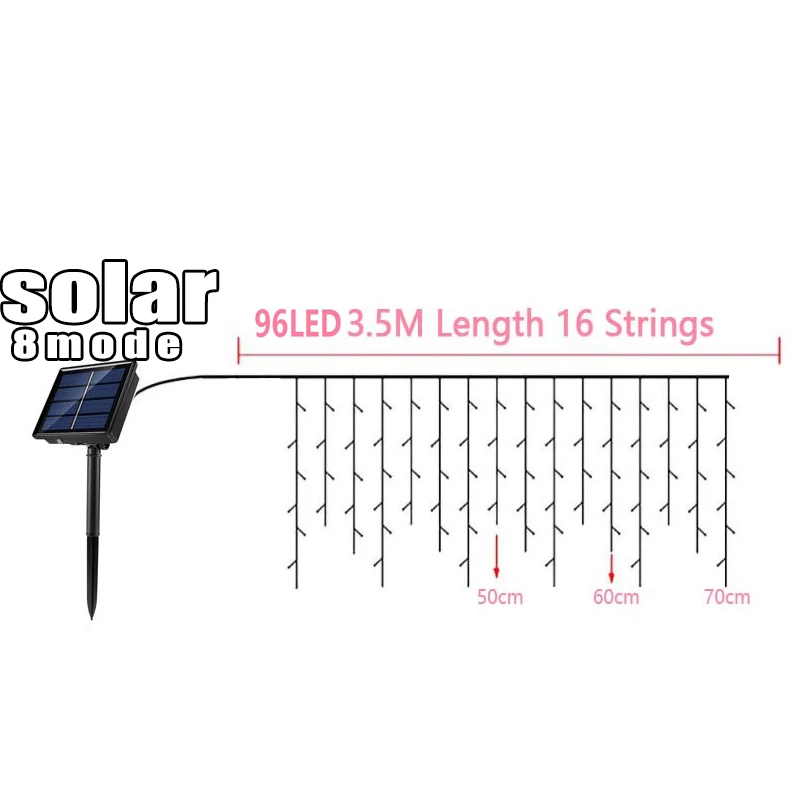 พลังงานแสงอาทิตย์ผ้าม่าน Icicle Light 3.5M ชายคาตกแต่งกลางแจ้ง Fairy String ไฟงานแต่งงานคริสต์มาสบันไดตกแต่งสวน garlands