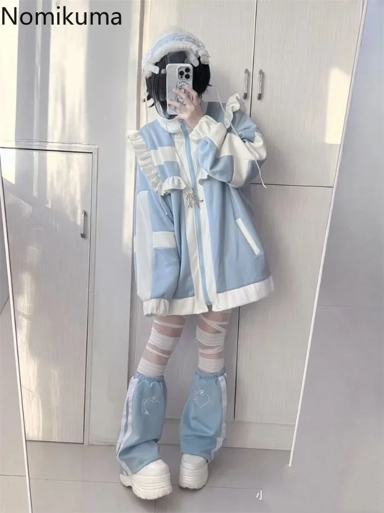 ญี่ปุ่นสําหรับผู้หญิงPatchworkแขนยาวขนาดใหญ่Outwear Y2k Tops Preppyสไตล์สบายๆแฟชั่นRuffles Lolita Y2kแจ็คเก็ต