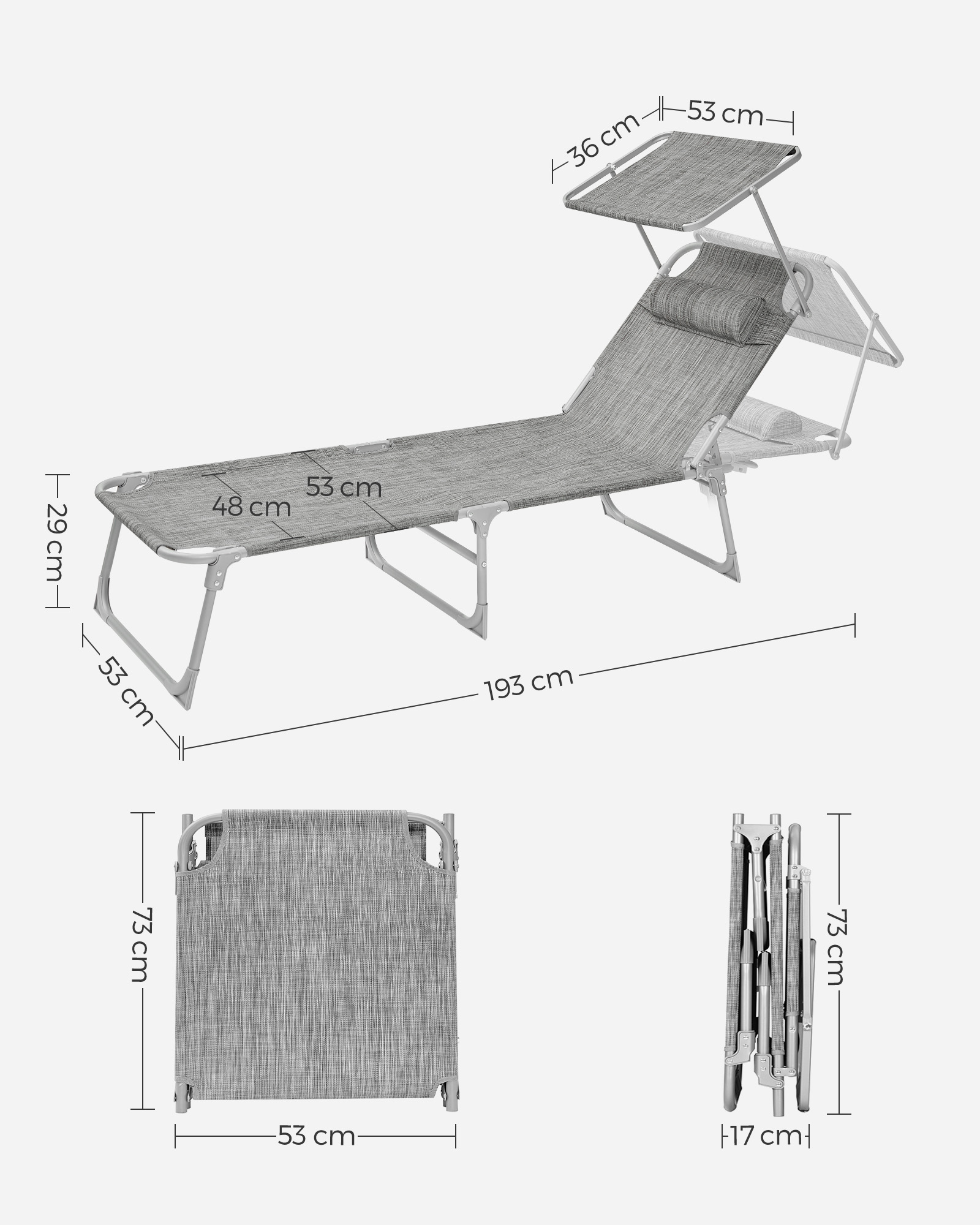 SONGMICS-tumbona plegable con respaldo ajustable, 193x53x29 cm, carga máxima de 150 kg, con sombrilla, reposacabezas