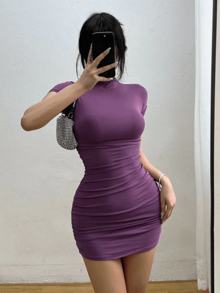 Sexy apertado meia gola alta plissado cintura mini vestido picante meninas vestidos finos bodycon feminino vestidos cortes festa mujer roupas