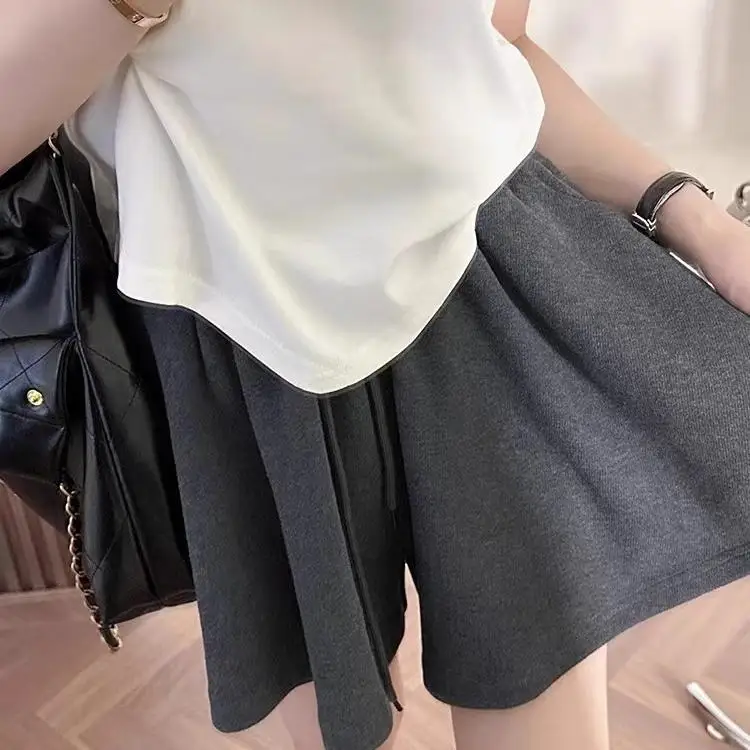Calças Curtas Fenas Estilo Ballet de Cintura Alta e Perna Larga, orts Esportivos Casuais com Efeito Emaecedor, Moda U...