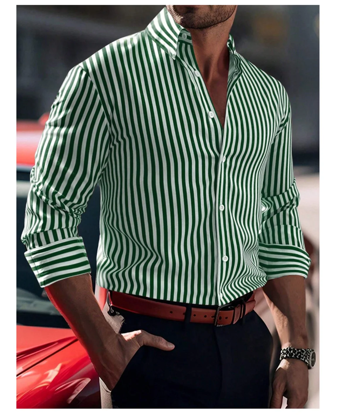 Camisa masculina série tiki cor sólida listrado padrão impresso manga comprida lapela botão camisa casual tecido confortável e macio