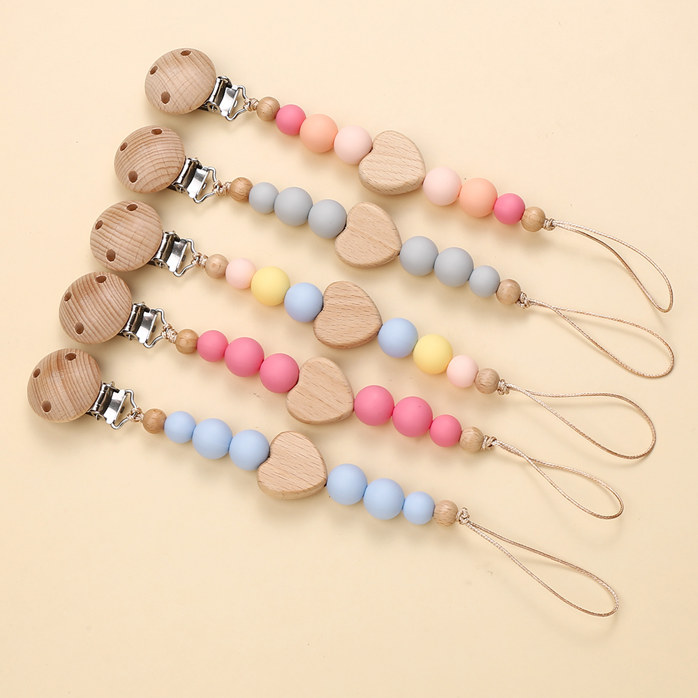 New Heart Wooden Beech Clip Baby Pacifier Chain Silicone Beads Dummy Nipple Holder Guard Teether Pendant Newborn Chew Toys Gift