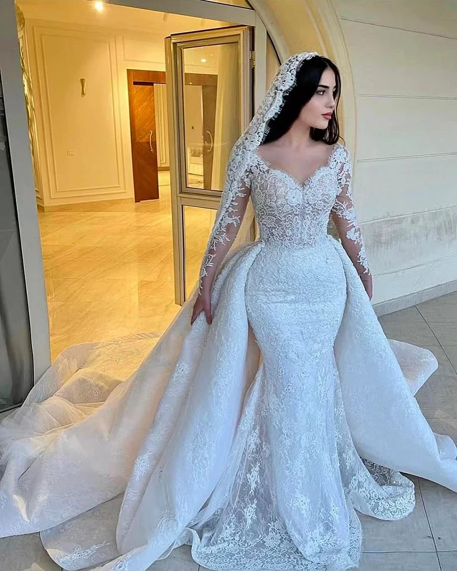 Maßgeschneidertes Luxus-Meerjungfrau-Hochzeitskleid mit abnehmbarer Schleppe, romantisches Spitzen-Langarm-Brautkleid für Vestidos De Novia