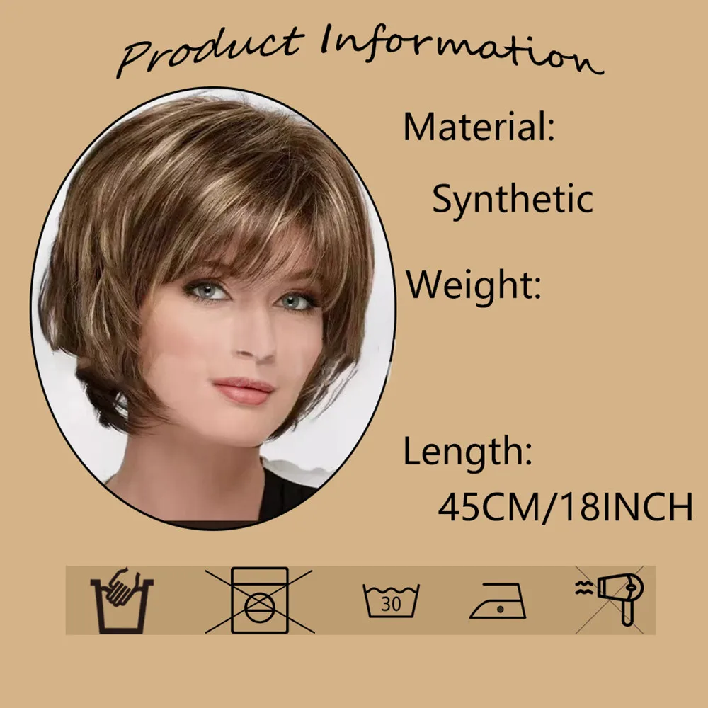 Peluca simulada estilo diadema sintética en capas flequillo diagonal esponjoso pelo corto marrón