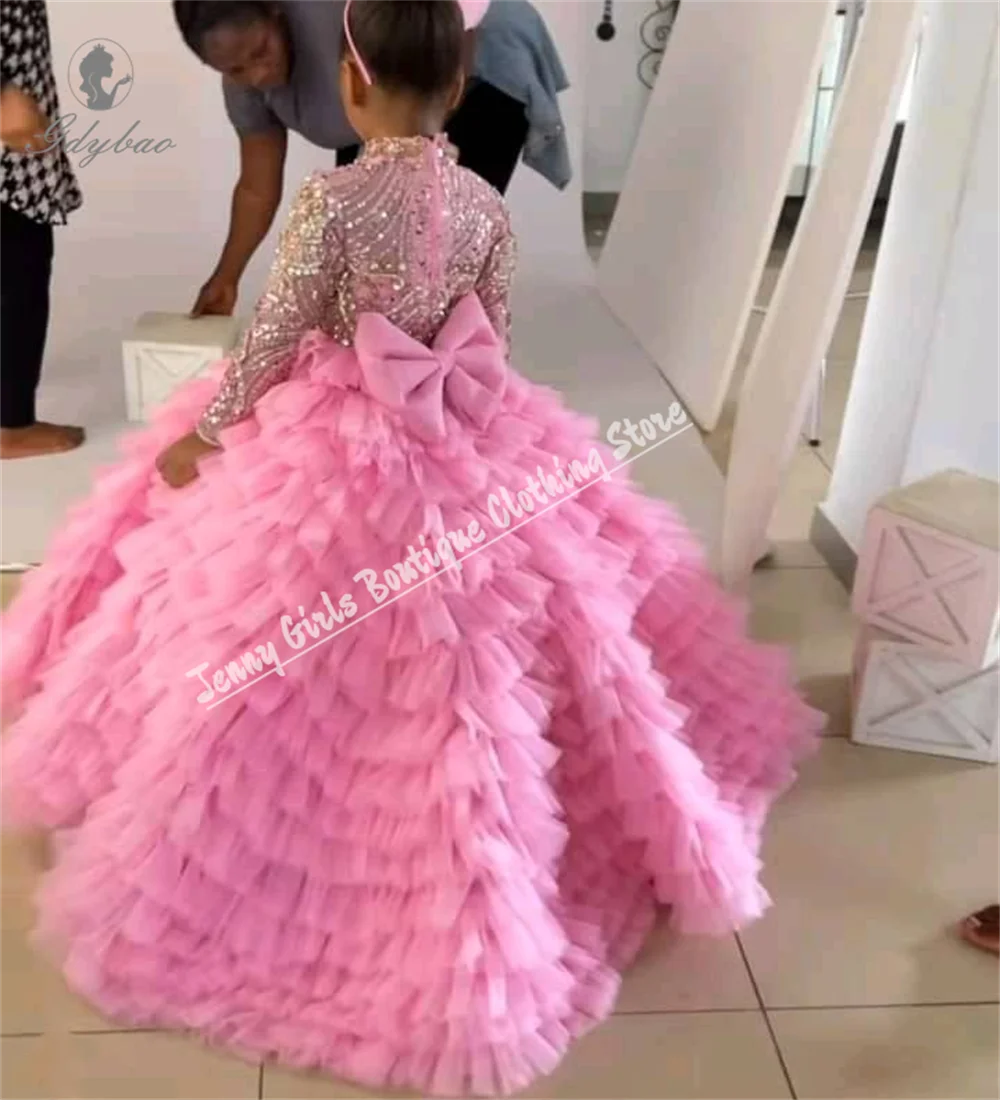 หรูหราชุดสาวดอกไม้คริสต์มาสสีชมพูสําหรับงานแต่งงาน Puffy เด็กวันเกิดพรหม Custom ชุดเจ้าหญิงสําหรับอย่างเป็นทางการเหตุการณ์