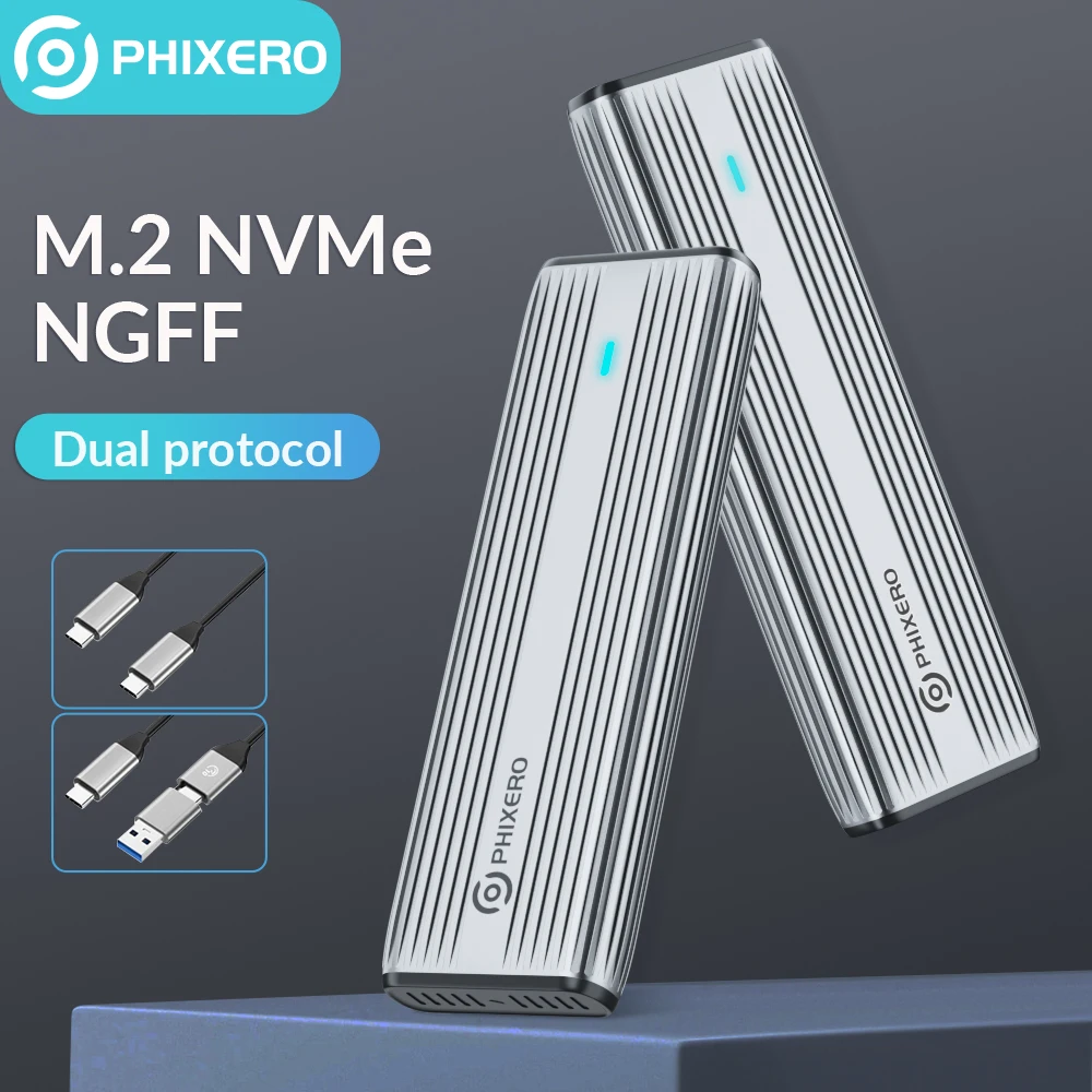 PHIXERO M.2 NVMe SATA SSD Корпус Dual Portocol NVMe to USB-адаптер 10 Гбит/с USB 3.1 Gen2 USB C Внешний корпус Коробка из алюминиевого сплава