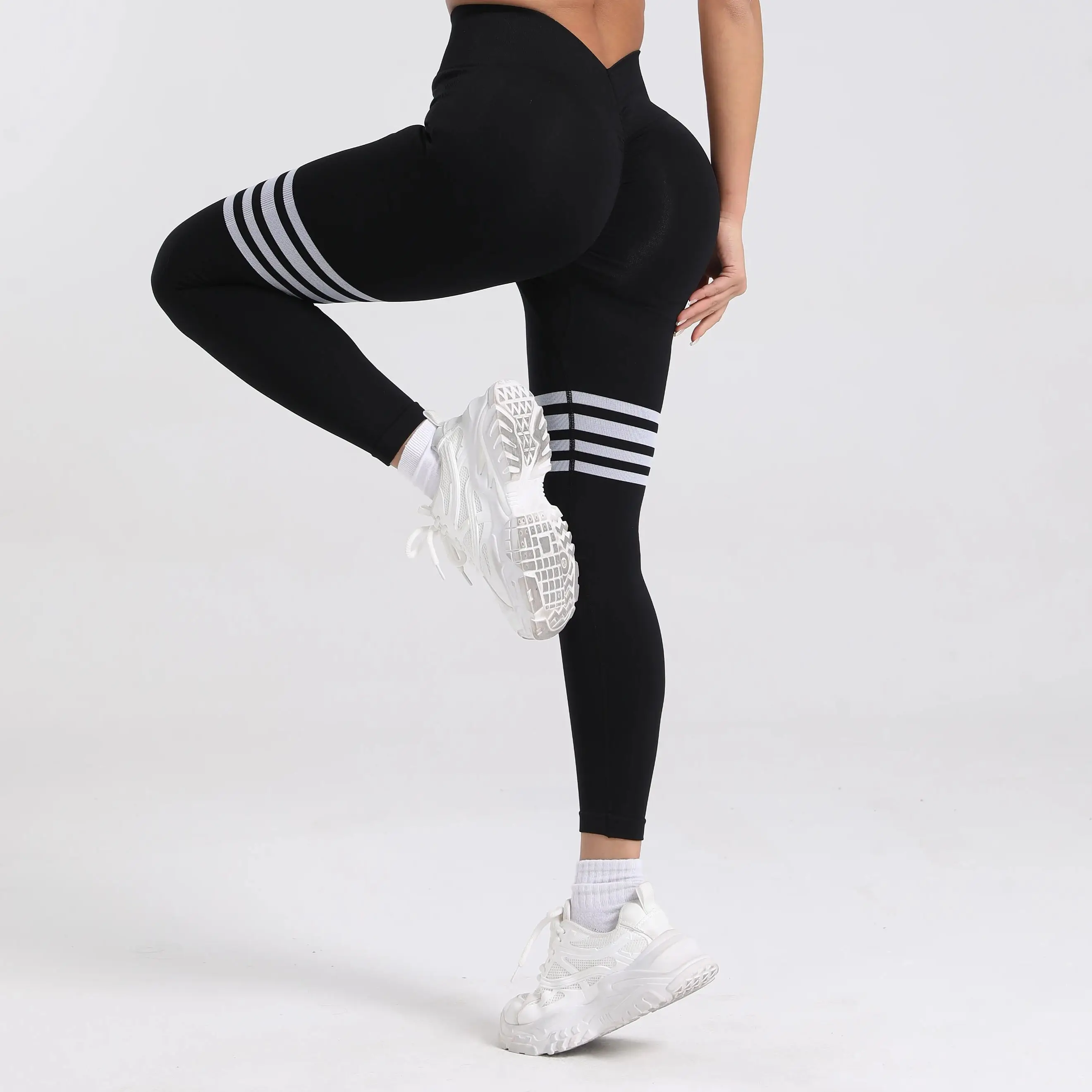 ผู้หญิง V Back Line กางเกงขายาวฟิตเนสออกกําลังกายกีฬา Elastic Leggins Butt Lifting กางเกงโยคะกีฬาการฝึกอบรม Tights S-XL