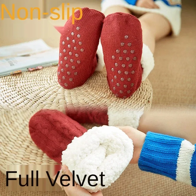 Women's Warm Solid Color Floor Socks Non Slip Plush Knitted Coral Fleece Socks No Show Socks