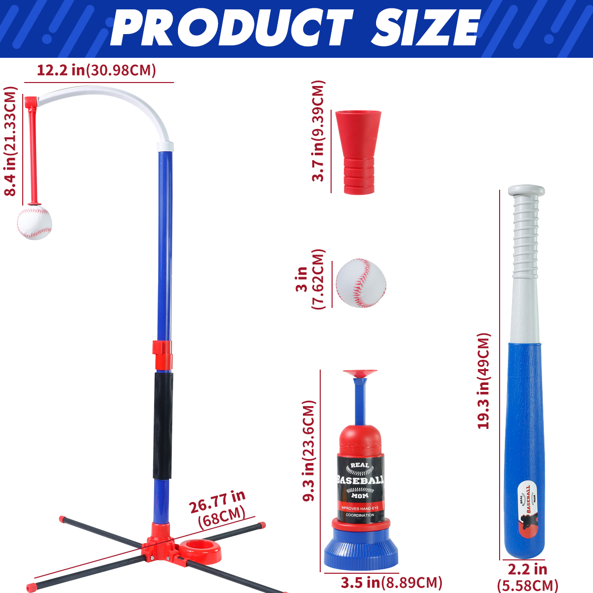 Juego de juguetes de béisbol para niños 3 en 1 con soporte de bola colgante/bola en T de pie/lanzador automático, juego de béisbol para niños pequeños de altura ajustable