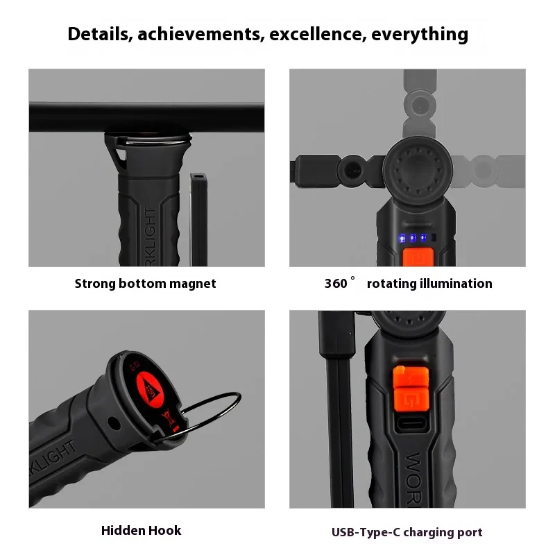 2025 NEW LED Flashlight IP64 Waterproof Rechargeable Camping Work Light Magnet Hook 4 Lighting Modes Suitable For Night Work