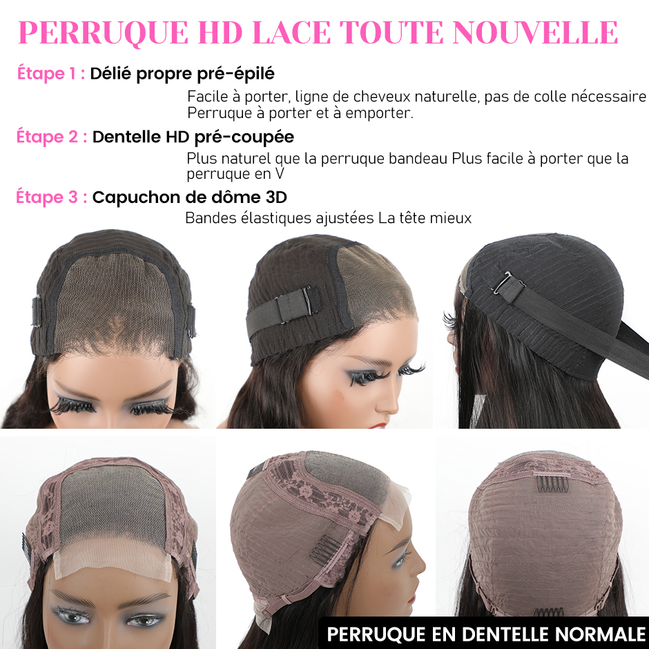 Perruque Lace Wig sans colle ondulée, cheveux naturels bouclés, pre-coupés, 180% pré-épilés, pour femmes