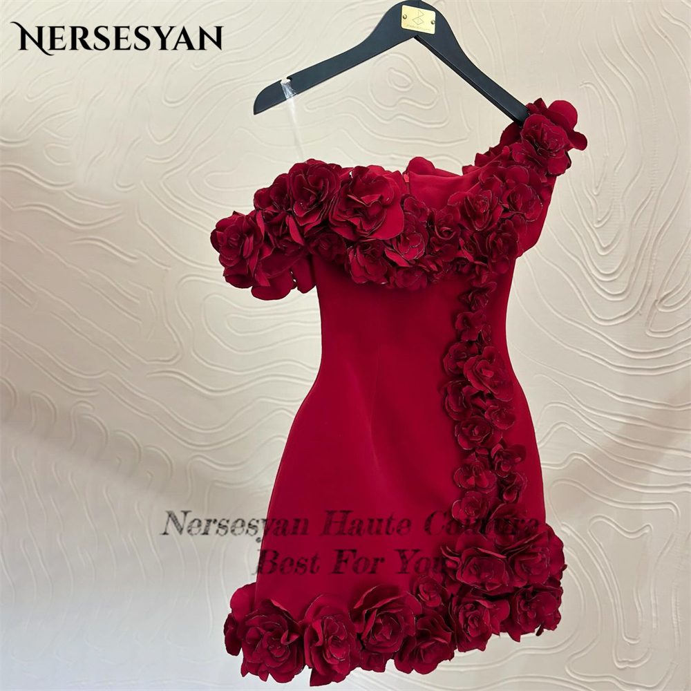 Nersesyan 레드 3D 꽃 칵테일 파티 가운, 이브닝 원 숄더 레이스 미니 무도회 드레스
