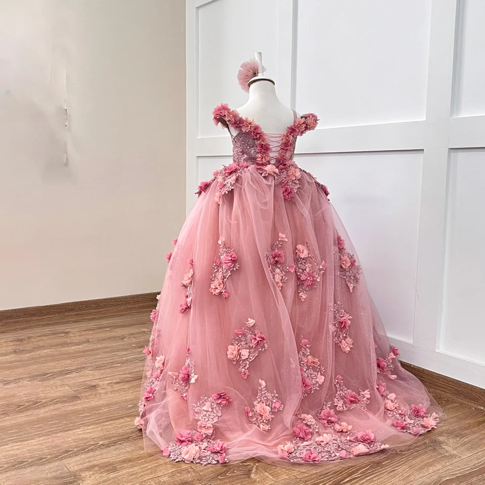 결혼식을위한 3d Applique 꽃의 소녀 드레스 핑크 Tulle v-목 볼 가운 공주 럭셔리 키즈 생일 저녁 파티 드레스