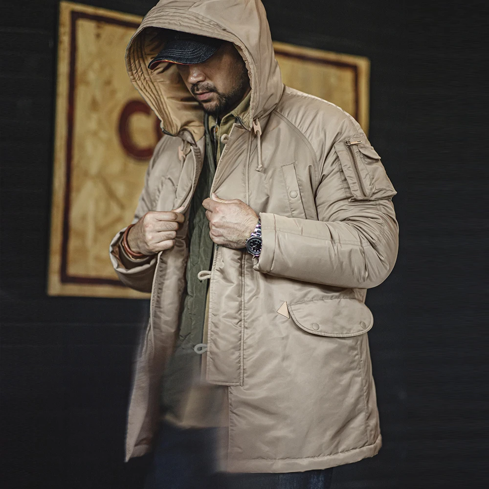 Maden Retro Pilot Chaqueta acolchada de algodón Abrigo cálido con capucha de longitud media grueso para hombres Otoño e Invierno Color caqui prendas de vestir
