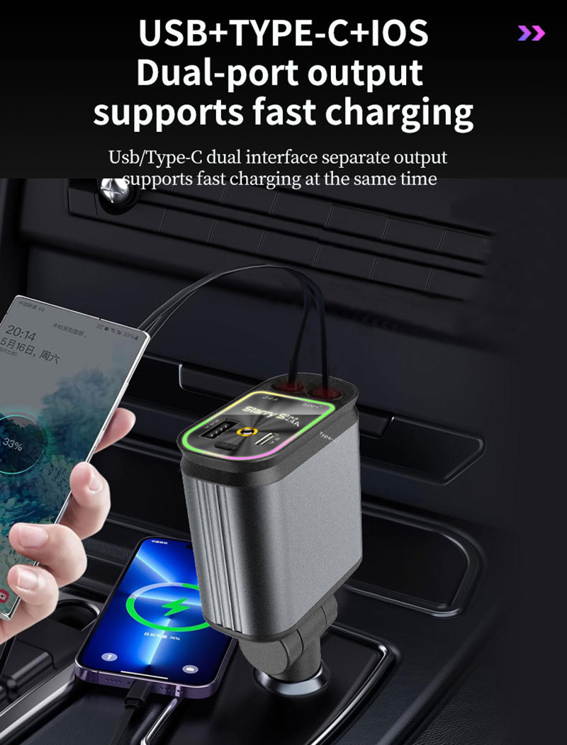 NIEUWE 5-in-1 intrekbare autolader Supersnel voor telefoonsnoer Sigarettenaansteker QC-adapter met 2 USB-poorten Sterrenhemel Top