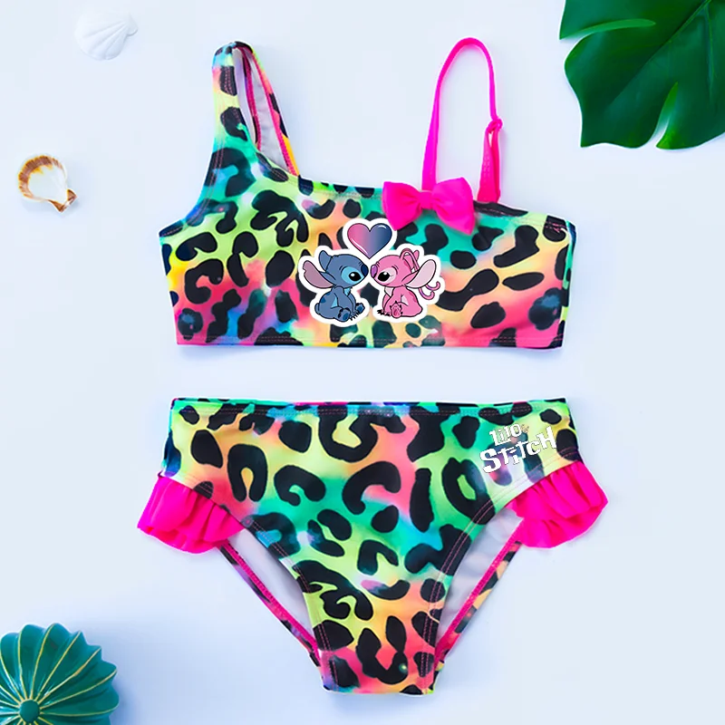 Lilo Stitch Gilrs Bow Bikini Set Trendy Maiôs de duas peças para o verão Elegante Beachwear Piscina Moda Maiôs 3-12Y