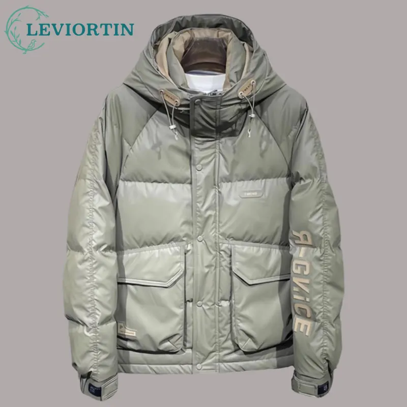 Männer Kapuze Daunen jacke Streetwear Letter Print Stand Kragen Outdoor Wind break weiße Ente Daunen mantel dicke warme Arbeits kleidung Kleidung