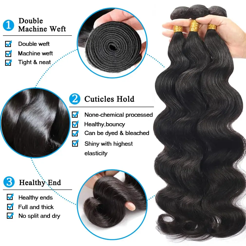 Onda do corpo brasileiro pacotes com fechamento de renda 13x4 fechamento de cabelo humano real com 3 pacotes tecer cabelo virgem cor preta natural