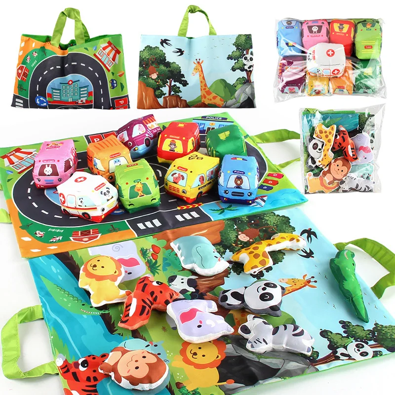 Coche de juguete de tela suave para bebés, libro de tela resistente a desgarros con bolsa de almacenamiento y tapete de juego, juguete sensorial de viaje para Aprendizaje Temprano, regalo