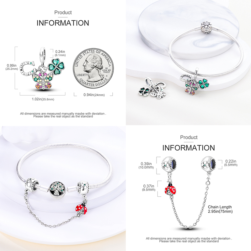 S925 prata esterlina colorido brilhante sorte grama sete estrelas joaninha encantos contas caber pan pulseiras originais diy presentes jóias ﻿