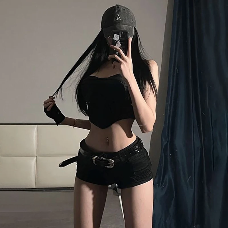 Y2k 黒のセクシーなゴシックデニムショーツ女性スキニーハイストリートローウエスト夏のストリートシックなパンクスタイルのファッション Hotsweet レディース