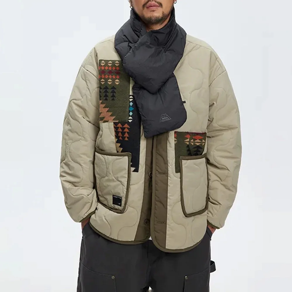Herren Y2k Kragenloser Baumwollmantel Neuer Herbst und Winter Japanischer Straßentrend Lose warme Baumwollmantel Ami Khaki Freizeitjacke Top