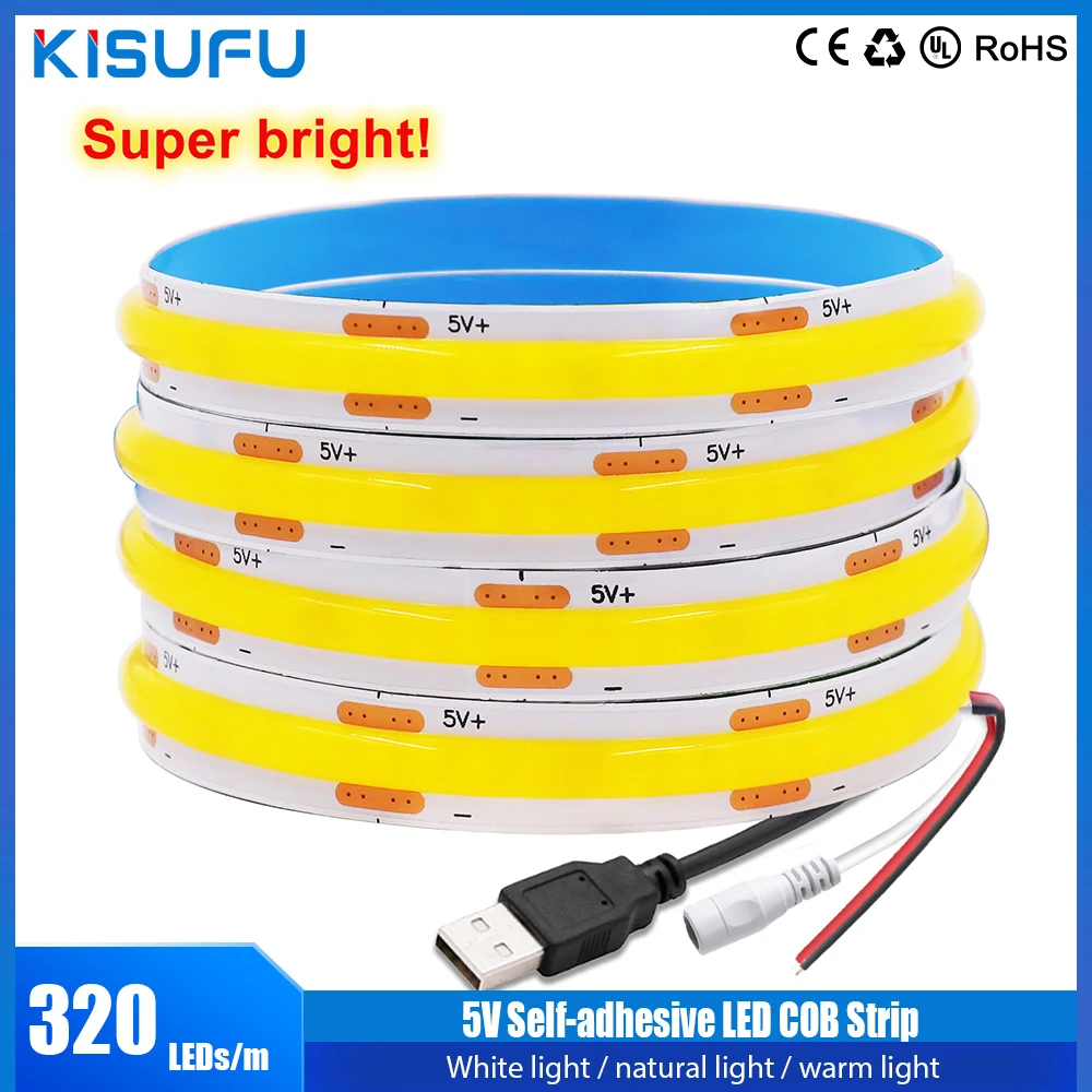 DC5V USB COB Led Strip Light 8MM PCB Flexible Adhesive Tape 320LEDs/m TV Background Lighting Night Lamp 1- 5m With DC/2Pin Wire