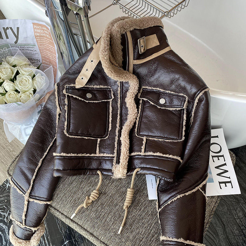 Schwarze Lamm wolle Jacke Winter verdickt plus Samt Motorrad Kunstleder Näh mantel Pu Plüsch Strickjacke Stehkragen Tops