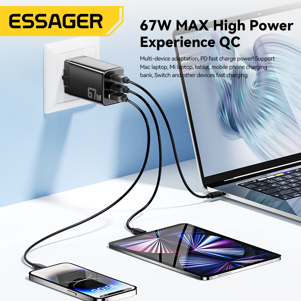 Essager GaN USB Type C Charger 67W 45W 33W KR EU Plug Fast Charging For Samsung iPhone 16 15 14 Pro Huawei Phone Laptop Chagers