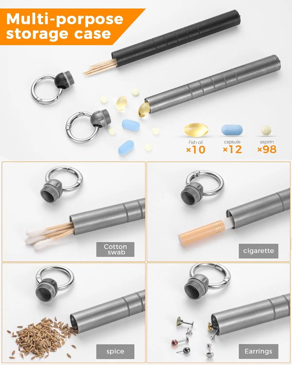 Tempat Pil TISUR dengan Tusuk Gigi, Tempat Pil Gantungan Kunci Titanium Pertahanan Diri Multi Fungsi EDC Dibawa Setiap Hari untuk Pria