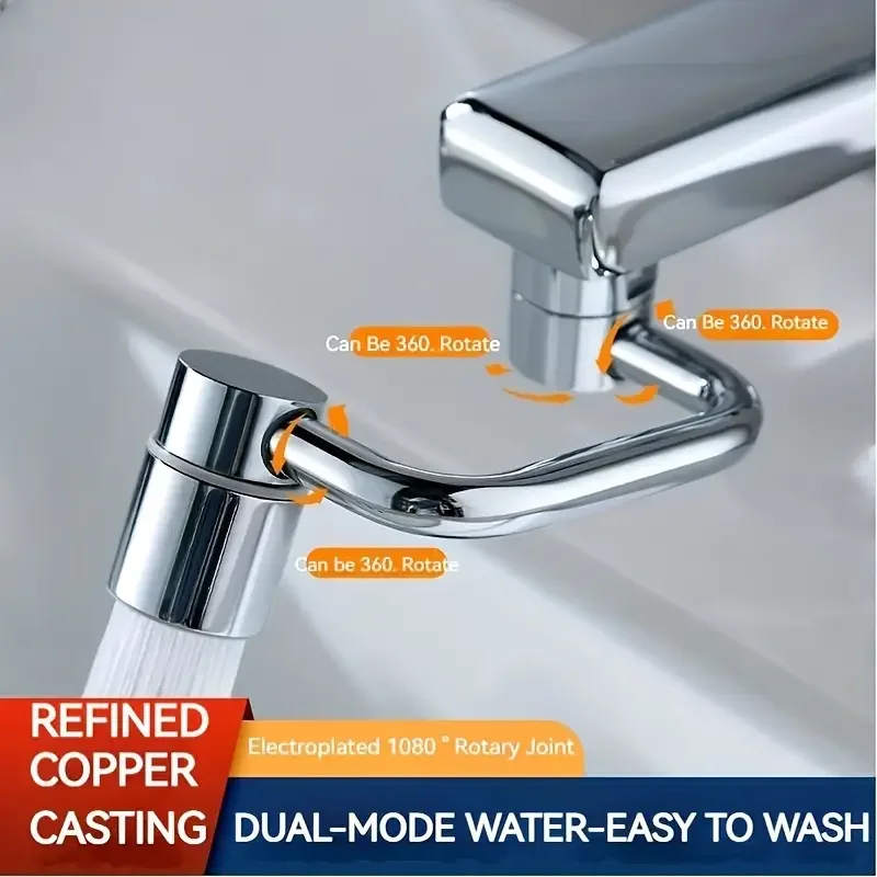 1 unidade 1080 °   Extensor de torneira de cozinha giratória de aço inoxidável, universal, à prova de respingos, modo duplo, acessórios para pia de banheiro com adaptador