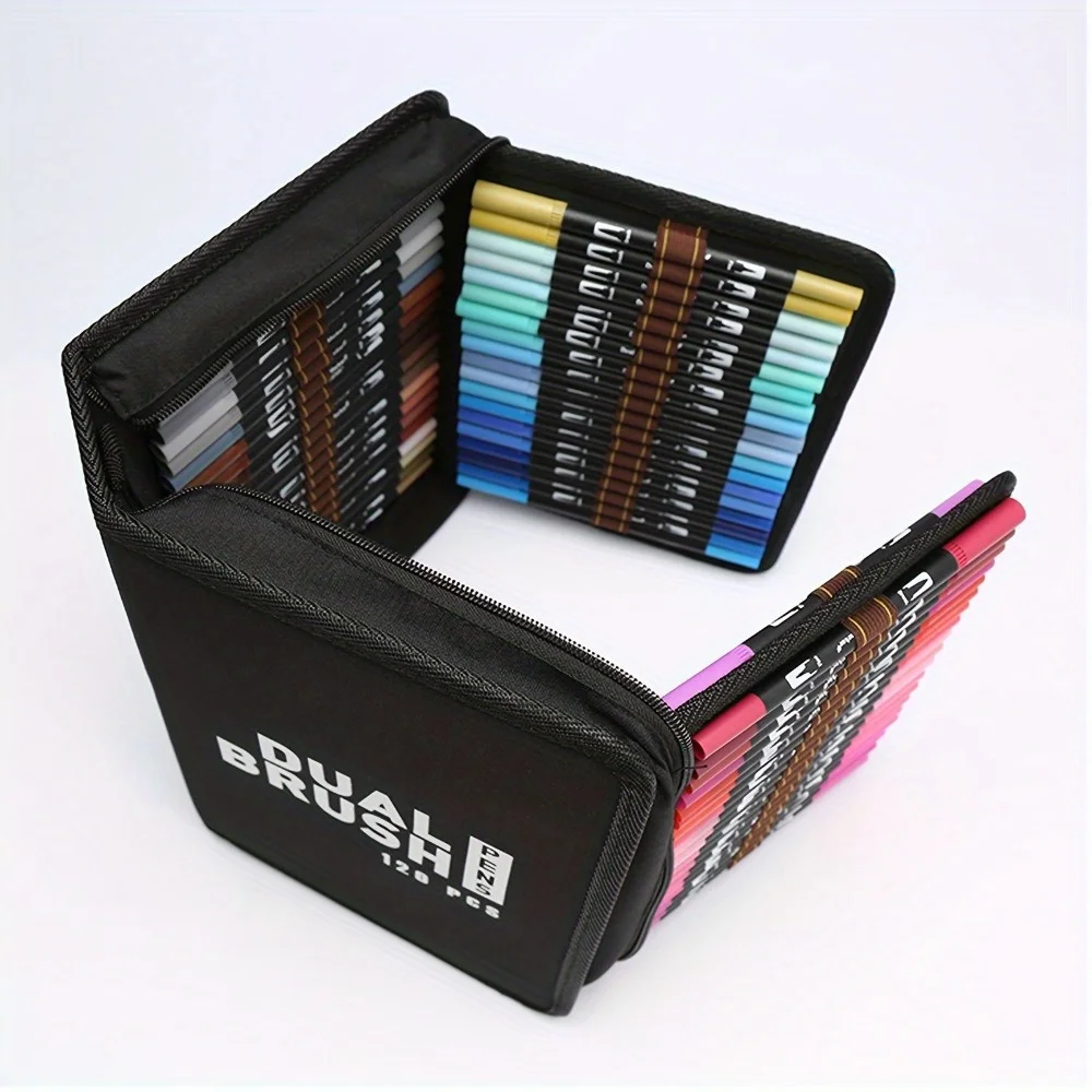 60/120 สี Dual Brush Tip Markers ชุด Double-headed Washable แปรงนุ่มปากกาสีดําแท่งและกระเป๋าผ้าแปรง & Fine Tip Marker