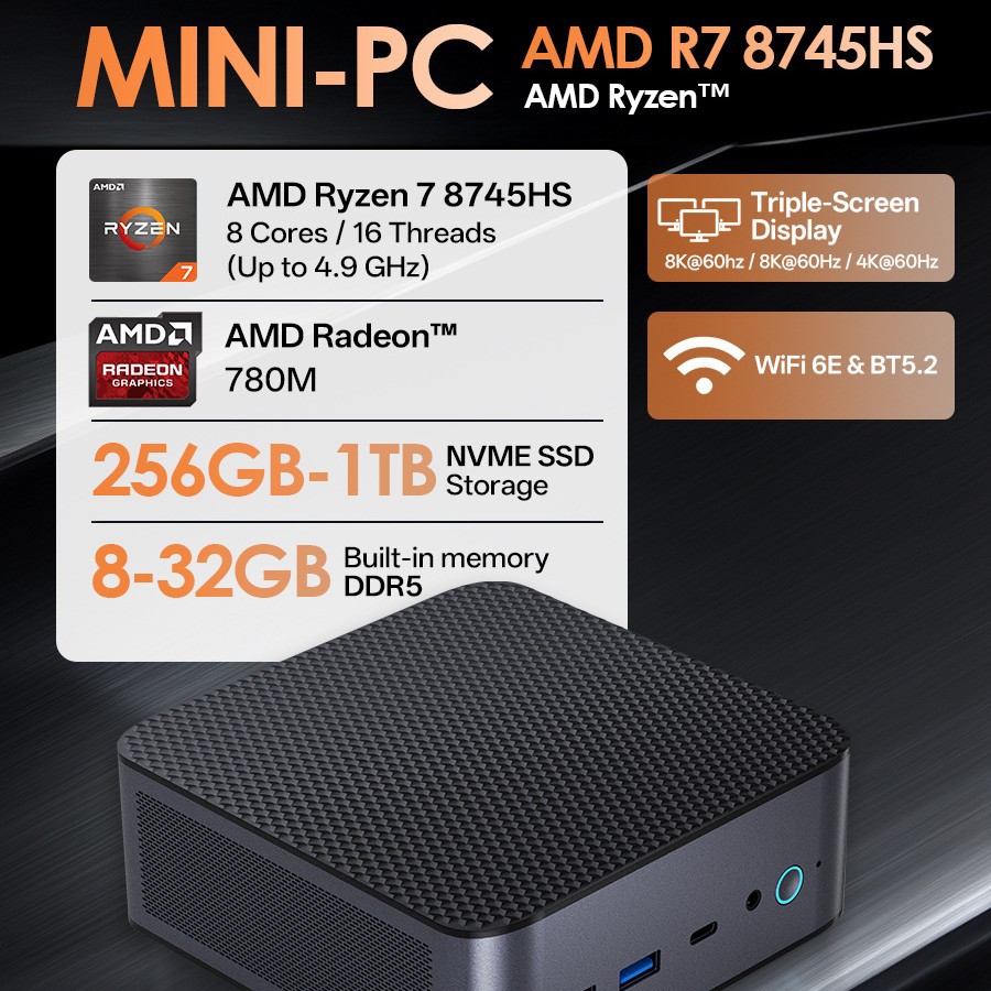 Мини-ПК Windows 11 Pro AMD Ryzen7 8745HS Мини-компьютер 32 ГБ/64 ГБ ОЗУ DDR5 512 ГБ/1 ТБ PCIE M.2 SSD WiFi6 BT5.2 Маленький компьютер