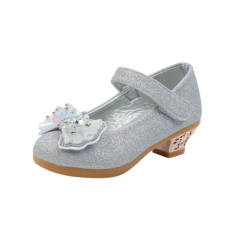 Crianças sapato de couro doce princesa sapatos para meninas com strass bowtie moda versátil sapatos infantis com saltos para festa