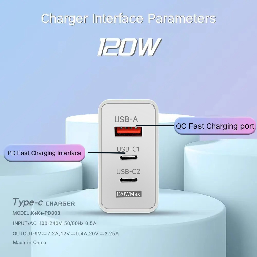 120W USB C Charger GaN Fast Charging Wall Adapter 6A Type C Cable For iPhone Samsung Xiaomi PD QC3.0 EU/US/UK Plug Phone Charger