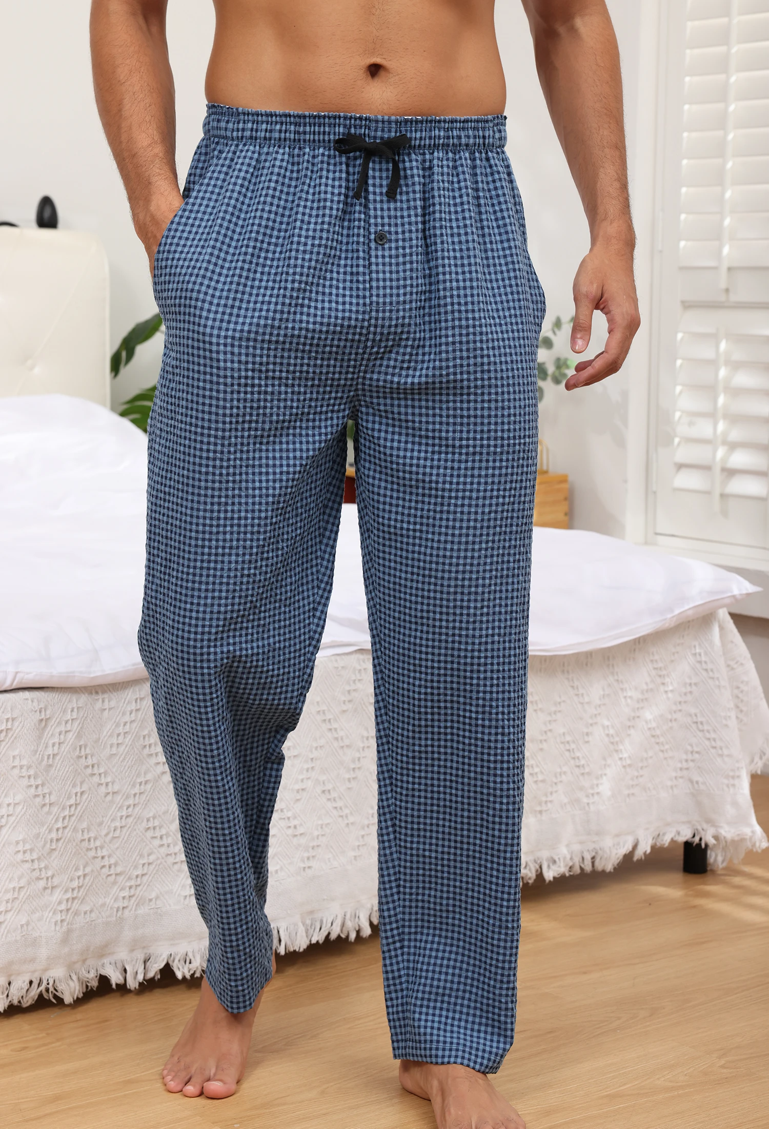 3 pçs masculino 100% algodão xadrez pijama calças de dormir, longo xadrez impressão pijamas calças com cintura elástica homewear