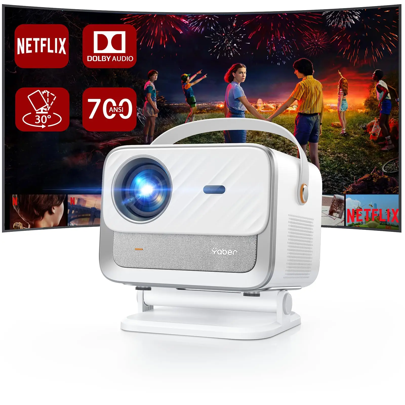 ‌Projetor YABER V12 30000L Native 1080P com Suporte 4K Licenciado pela Netflix: Áudio Dolby, WiFi6, Bluetooth 5.2, Foco Automático e Correção Keystone‌