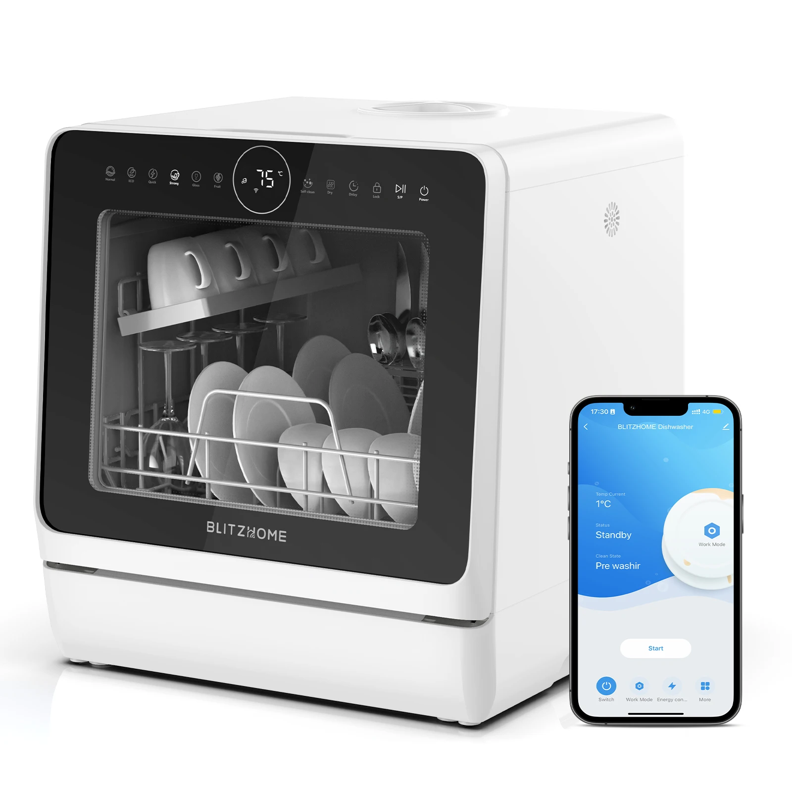 BLITZHOME BH-4-CDW Kompakter intelligenter Arbeitsplatten-Geschirrspüler, APP-Steuerung, 8 Programme, 3D 360 °   Doppelspray mit integriertem 5-Liter-Wassertank