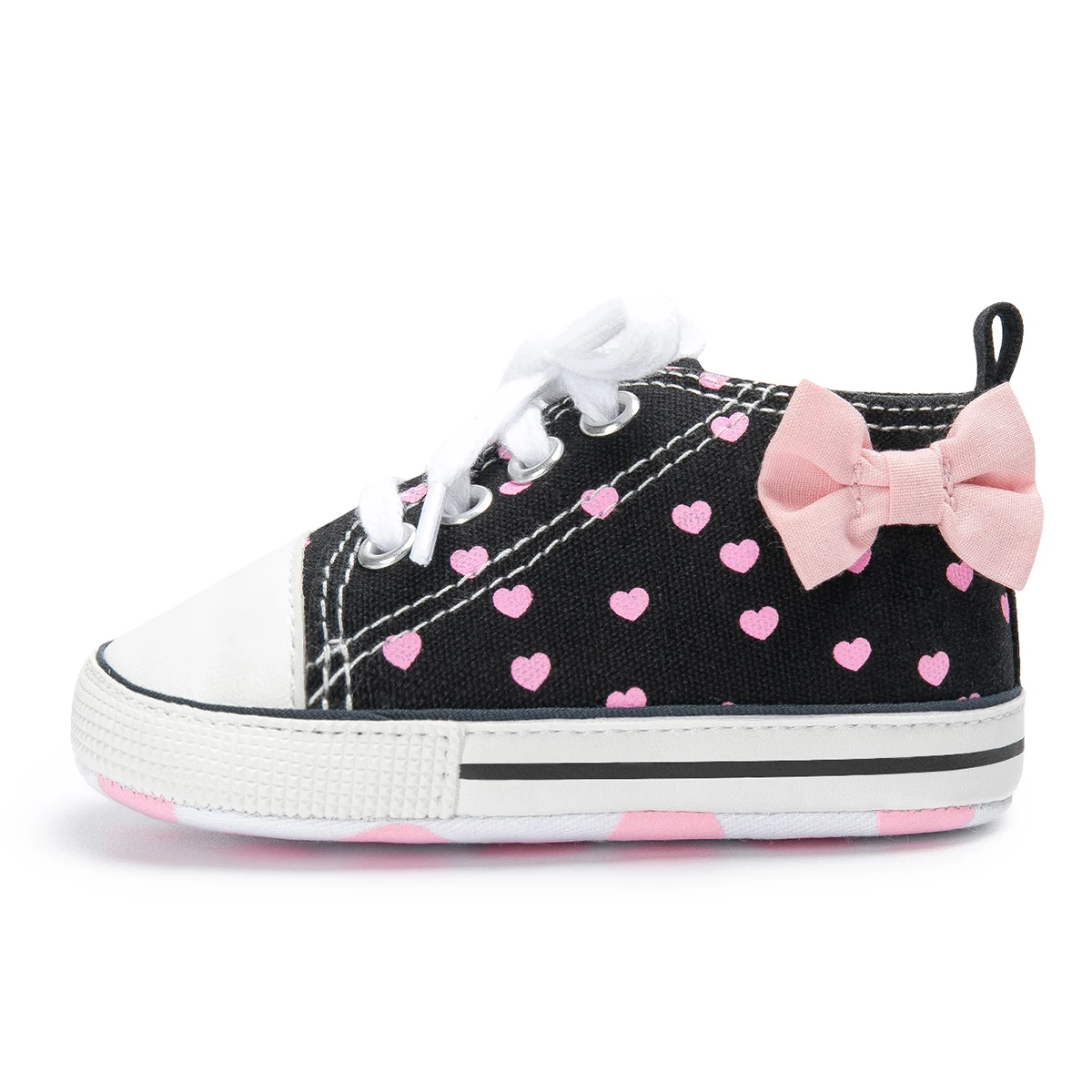Bebê recém-nascido meninas sapatos moda bowknot coração impressão clássico lona casual alta topos tênis macio anti-deslizamento sola primeiros caminhantes