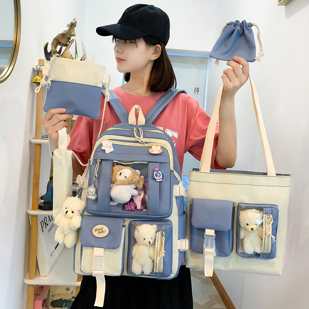 5ชิ้นเซ็ต tas ransel anak perempuan คาวาอี้สำหรับนักเรียนกระเป๋านักเรียนเด็กสาววัยรุ่นกระเป๋าหนังสือกระเป๋าใส่ดินสอกระเป๋าเป้สะพายหลังสำหรับเดินทางของผู้หญิง